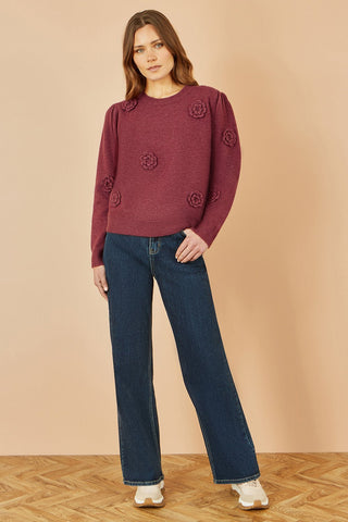 Yumi Burgundy Knitted Jumper With Crochet Flowers - Hstrends