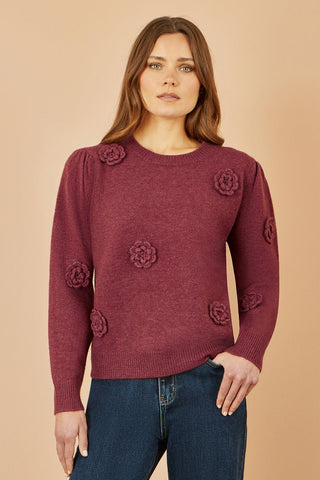 Yumi Burgundy Knitted Jumper With Crochet Flowers - Hstrends