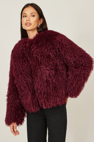 Yumi Burgundy Luxe Fluffy Faux Fur Coat - Hstrends