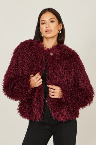 Yumi Burgundy Luxe Fluffy Faux Fur Coat - Hstrends