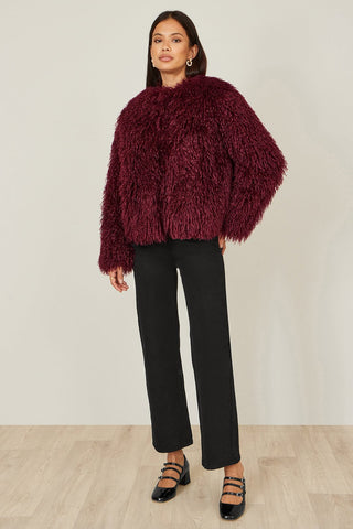 Yumi Burgundy Luxe Fluffy Faux Fur Coat - Hstrends