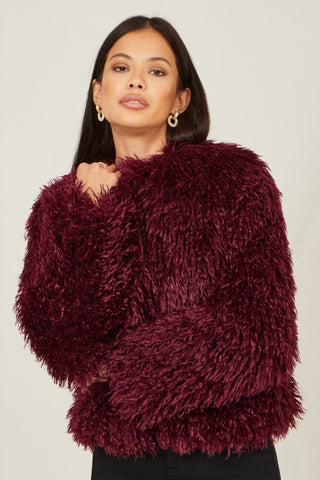 Yumi Burgundy Luxe Fluffy Faux Fur Coat - Hstrends