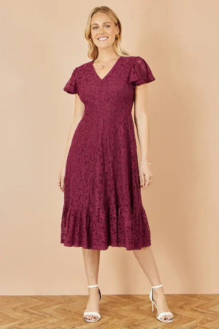Yumi Burgundy Stretch Lace Puff Sleeve Midi Dress - Hstrends