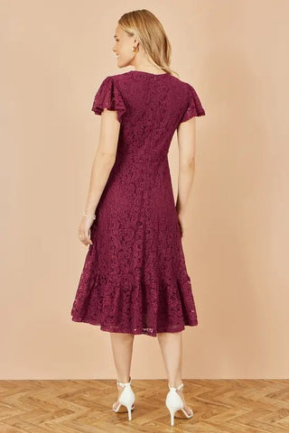 Yumi Burgundy Stretch Lace Puff Sleeve Midi Dress - Hstrends