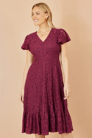 Yumi Burgundy Stretch Lace Puff Sleeve Midi Dress - Hstrends