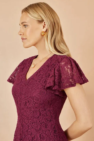Yumi Burgundy Stretch Lace Puff Sleeve Midi Dress - Hstrends