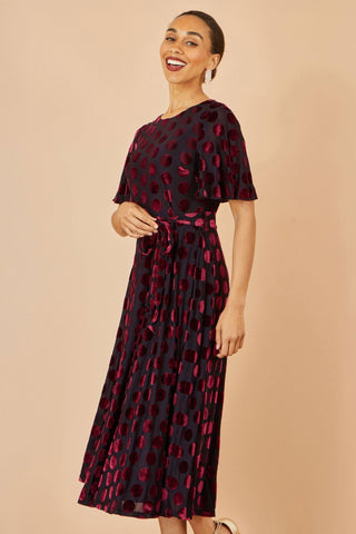 Yumi Burgundy Velour Spot Midi Skater Dress - Hstrends