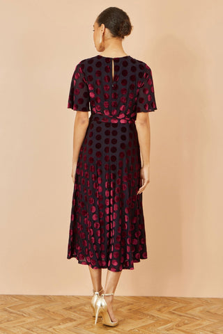 Yumi Burgundy Velour Spot Midi Skater Dress - Hstrends