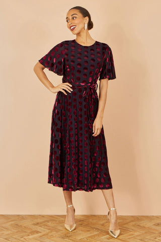 Yumi Burgundy Velour Spot Midi Skater Dress - Hstrends