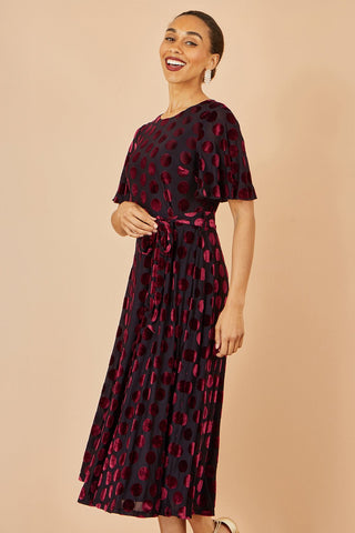 Yumi Burgundy Velour Spot Midi Skater Dress - Hstrends