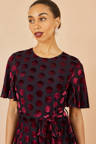 Yumi Burgundy Velour Spot Midi Skater Dress - Hstrends