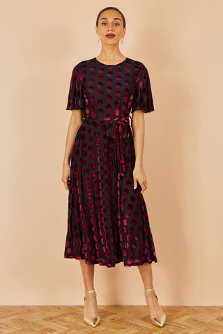 Yumi Burgundy Velour Spot Midi Skater Dress - Hstrends
