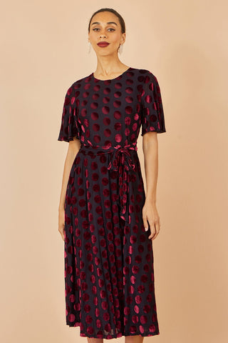 Yumi Burgundy Velour Spot Midi Skater Dress - Hstrends