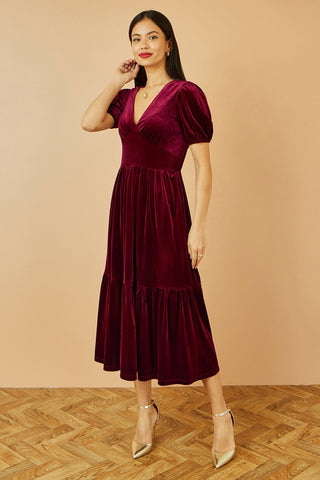 Yumi Burgundy Velvet Midi Dress - Hstrends