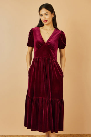 Yumi Burgundy Velvet Midi Dress - Hstrends