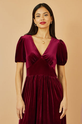 Yumi Burgundy Velvet Midi Dress - Hstrends