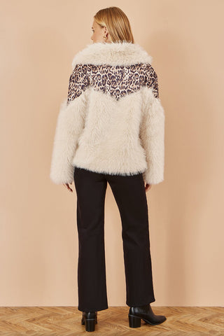 Yumi Cream Fur Biker Jacket With Leopard Print - Hstrends