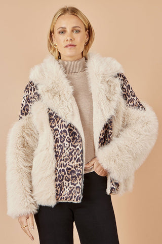 Yumi Cream Fur Biker Jacket With Leopard Print - Hstrends