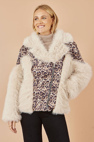 Yumi Cream Fur Biker Jacket With Leopard Print - Hstrends