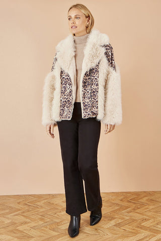 Yumi Cream Fur Biker Jacket With Leopard Print - Hstrends