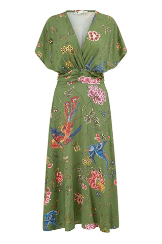 Yumi Green Bird and Floral Print Ruched Waist Kimono Midi Dress - Hstrends