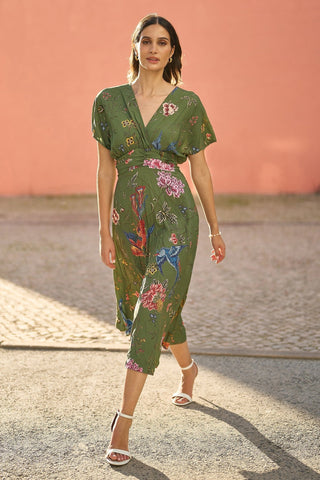 Yumi Green Bird and Floral Print Ruched Waist Kimono Midi Dress - Hstrends