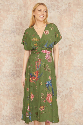Yumi Green Bird and Floral Print Ruched Waist Kimono Midi Dress - Hstrends