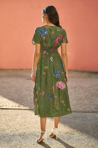 Yumi Green Bird and Floral Print Ruched Waist Kimono Midi Dress - Hstrends