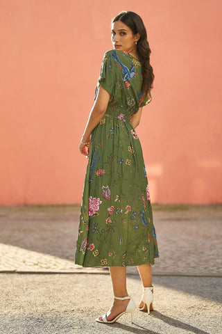 Yumi Green Bird and Floral Print Ruched Waist Kimono Midi Dress - Hstrends
