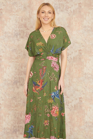 Yumi Green Bird and Floral Print Ruched Waist Kimono Midi Dress - Hstrends