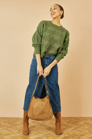 Yumi Green Cable Knit Relaxed Fit Jumper - Hstrends