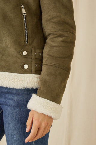Yumi Green Faux Suede And Shearling Biker Jacket - Hstrends