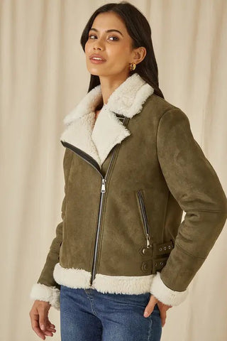 Yumi Green Faux Suede And Shearling Biker Jacket - Hstrends