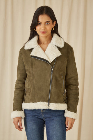 Yumi Green Faux Suede And Shearling Biker Jacket - Hstrends