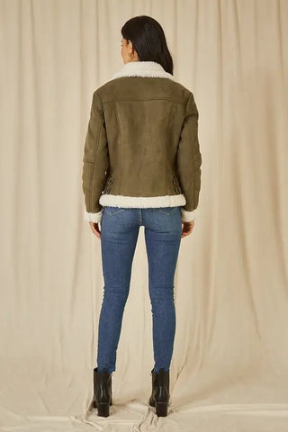 Yumi Green Faux Suede And Shearling Biker Jacket - Hstrends