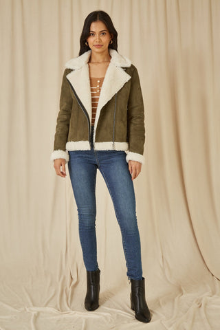 Yumi Green Faux Suede And Shearling Biker Jacket - Hstrends