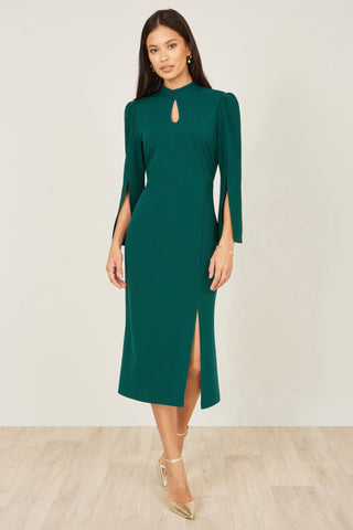 Yumi Green Fitted Midi Dress With Flute Sleeves - Hstrends