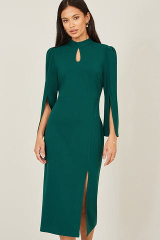 Yumi Green Fitted Midi Dress With Flute Sleeves - Hstrends