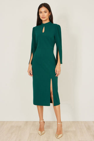 Yumi Green Fitted Midi Dress With Flute Sleeves - Hstrends