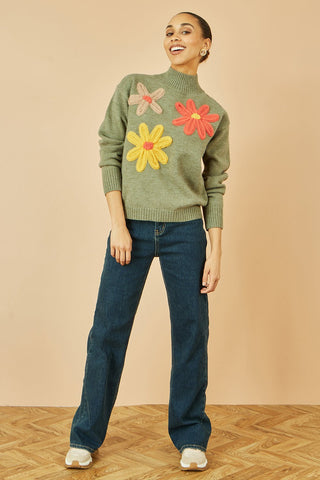 Yumi Green Knitted High Neck Jumper With Applique Flowers - Hstrends