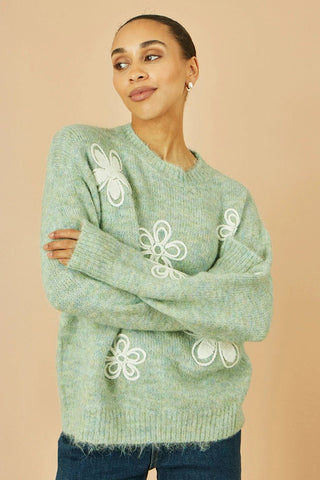 Yumi Green Relaxed Knitted Jumper With Crochet Flowers - Hstrends