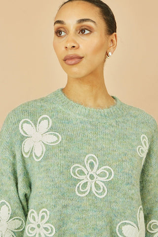 Yumi Green Relaxed Knitted Jumper With Crochet Flowers - Hstrends