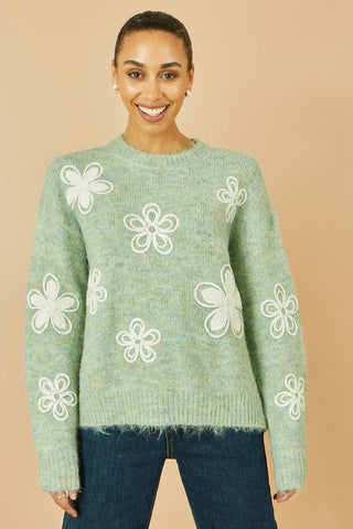 Yumi Green Relaxed Knitted Jumper With Crochet Flowers - Hstrends