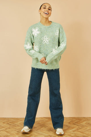 Yumi Green Relaxed Knitted Jumper With Crochet Flowers - Hstrends