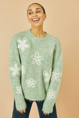 Yumi Green Relaxed Knitted Jumper With Crochet Flowers - Hstrends