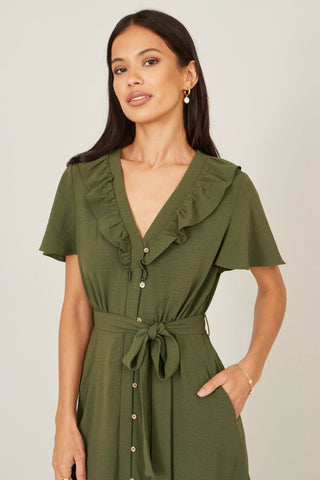 Yumi Green Ruffle Collar Midi Shirt Dress - Hstrends
