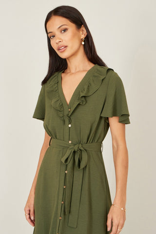 Yumi Green Ruffle Collar Midi Shirt Dress - Hstrends