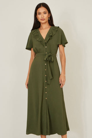 Yumi Green Ruffle Collar Midi Shirt Dress - Hstrends