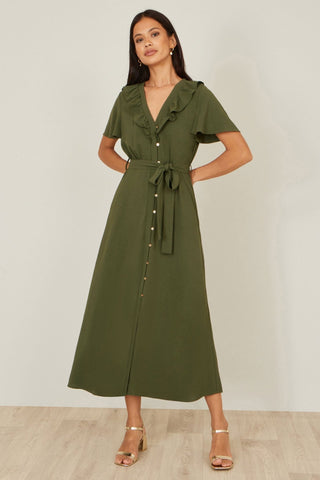 Yumi Green Ruffle Collar Midi Shirt Dress - Hstrends