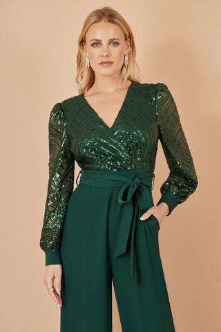 Yumi Green Sequin Wrap Over Jumpsuit - Hstrends